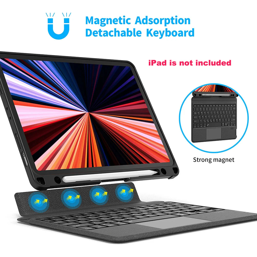 Magnetic Touchpad Detachable Keyboard Case, Auto Wake and Sleep Technology Durable Rechargeable Smart Folio Cover With Pencil Holder, 7 backlight, Vertical Support(iPad and pencil are not included)