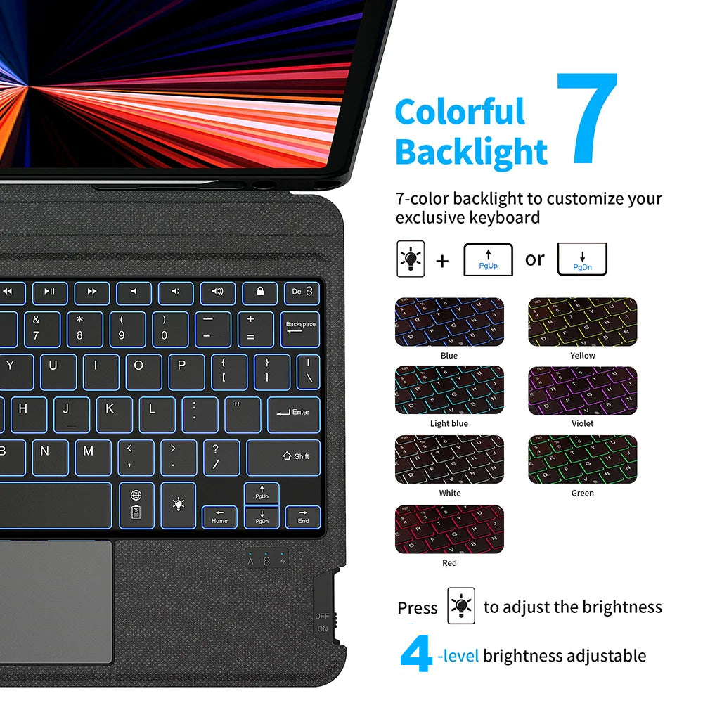 Magnetic Touchpad Detachable Keyboard Case, Auto Wake and Sleep Technology Durable Rechargeable Smart Folio Cover With Pencil Holder, 7 backlight, Vertical Support(iPad and pencil are not included)