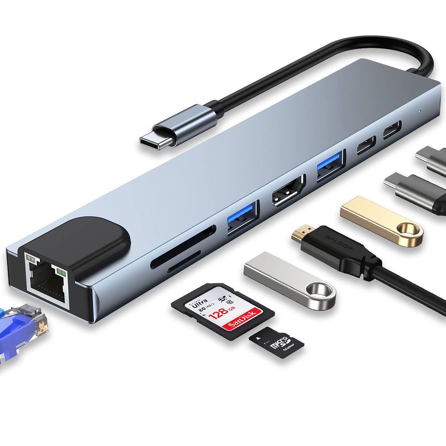 8 In 1 USB C Hub, Multi-Port Adapter With HDMI, RJ45 Ethernet, USB 3.0 And SD/TF Card For MacBook Pro, iPad Pro, Type C Devices