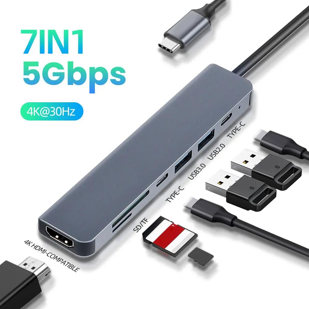 7-in-1 USB-C Hub with 100W PD, 4K HDMI, USB-C Ports, USB 3.0, SD/TF Card Reader for Macbook Pro Air, Tablet & Computer Accessories