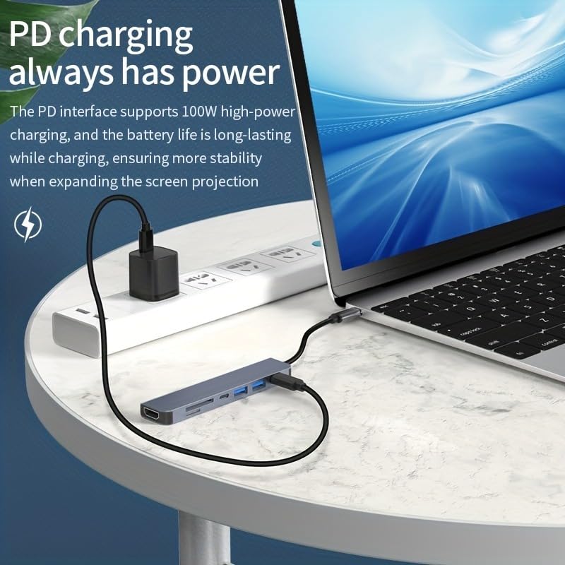 7-in-1 USB-C Hub with 100W PD, 4K HDMI, USB-C Ports, USB 3.0, SD/TF Card Reader for Macbook Pro Air, Tablet & Computer Accessories