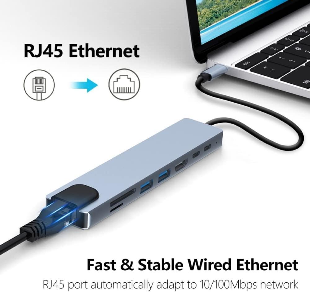 8 In 1 USB C Hub, Multi-Port Adapter With HDMI, RJ45 Ethernet, USB 3.0 And SD/TF Card For MacBook Pro, iPad Pro, Type C Devices