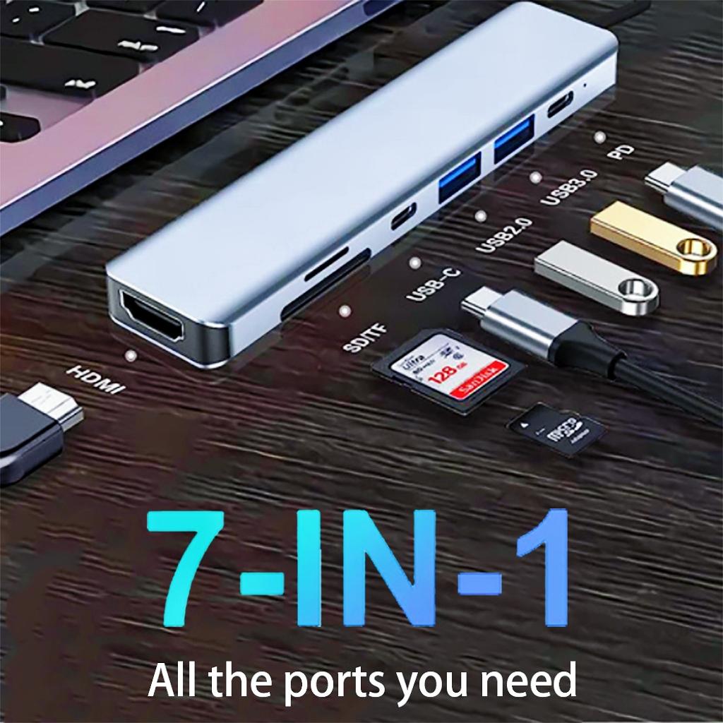 7-in-1 USB-C Hub with 100W PD, 4K HDMI, USB-C Ports, USB 3.0, SD/TF Card Reader for Macbook Pro Air, Tablet & Computer Accessories