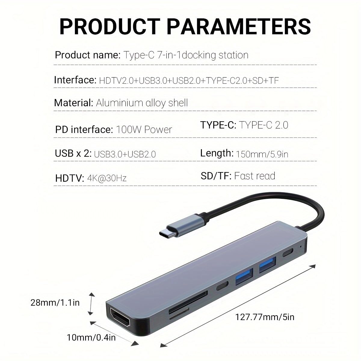7-in-1 USB-C Hub with 100W PD, 4K HDMI, USB-C Ports, USB 3.0, SD/TF Card Reader for Macbook Pro Air, Tablet & Computer Accessories