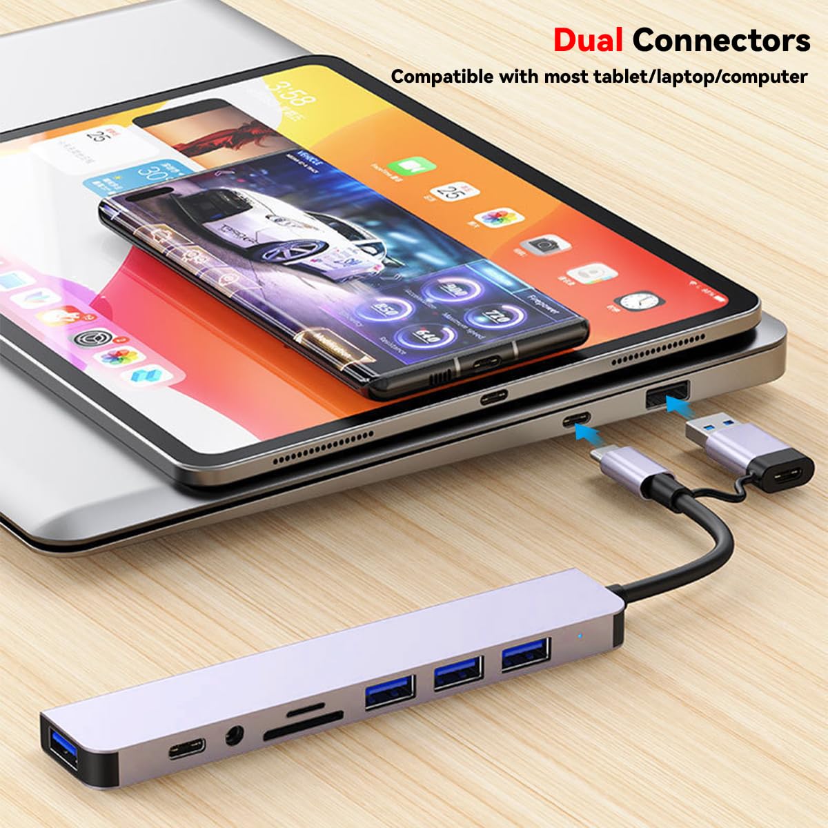 8 in 1 Multiport USB C Hub,USB 3.0/2.0/Micro SD/TF Card Reader,Multi-Adapter for PC, Laptop, MacBook Pro, iMac, iPad Pro And Others
